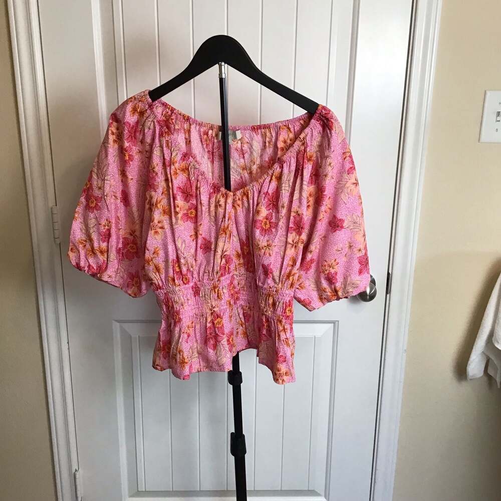 LOFT Lily Gathered Waist Floral Puff Sleeve Blouse large boho Flirty - Picture 2 of 12